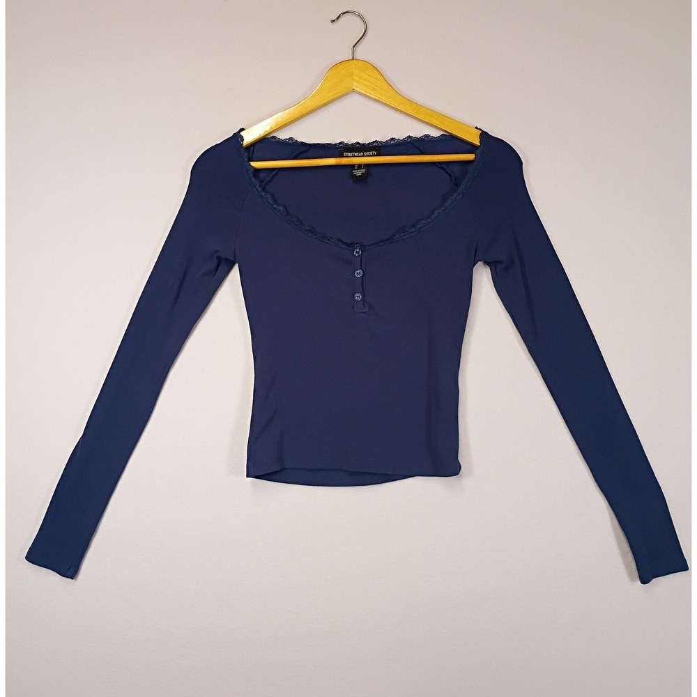 Coquette Streetwear Society Womens Small Navy Blue Lace Trim Ribbed Henley Top